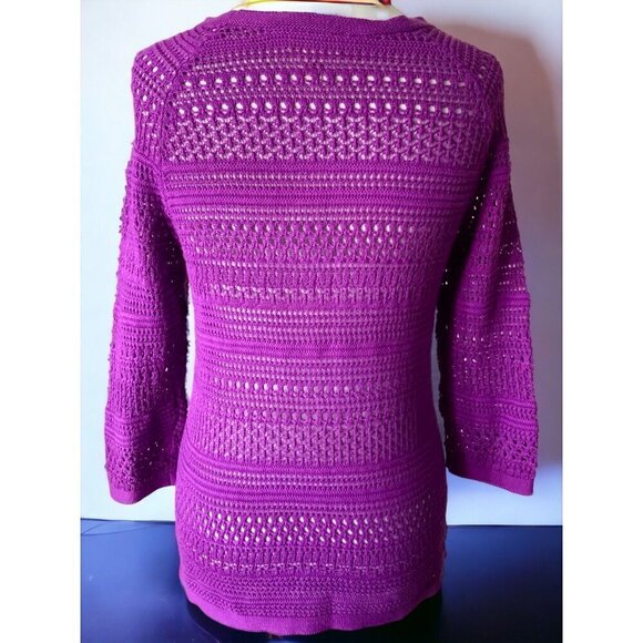 Ann Taylor Loft Petite purple quarter sleeve open knit lightweight sweater PM - Picture 6 of 8